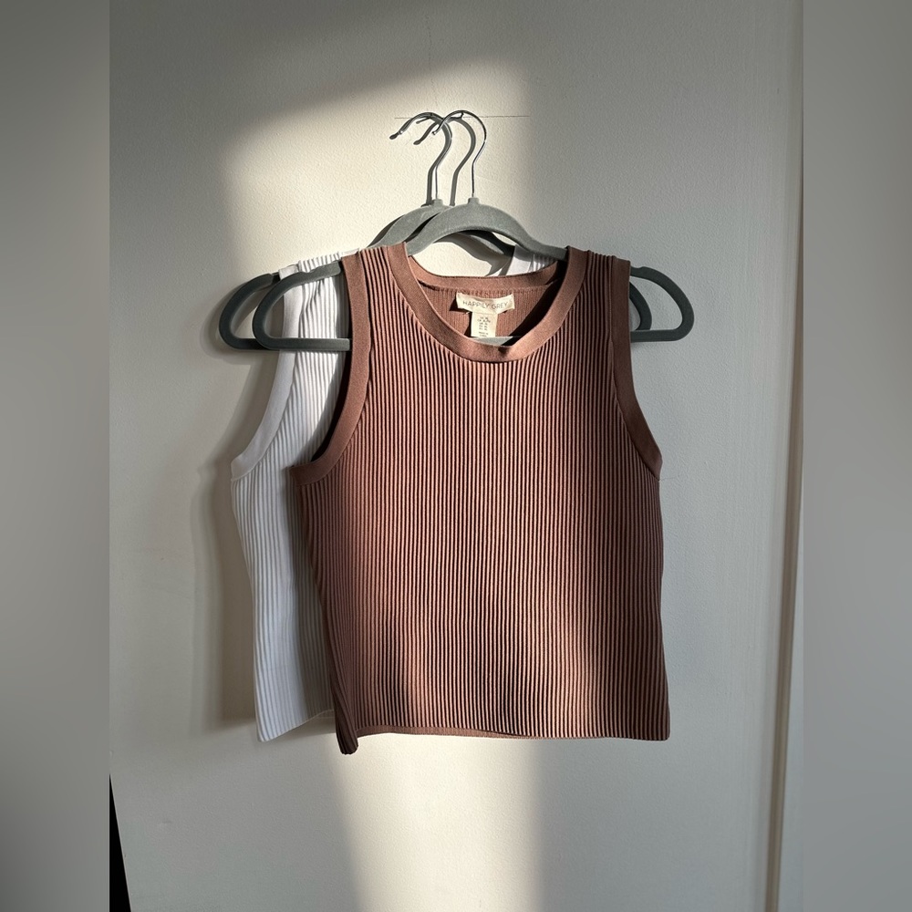 Happily Grey | Two(!) Ribbed Knit High-Neck Tanks, White & Mocha